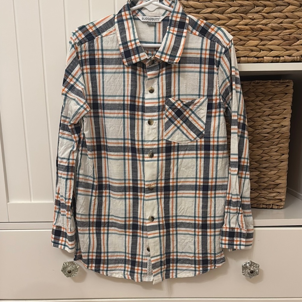 Boys White Plaid Button-Up Shirt with Navy & Orange